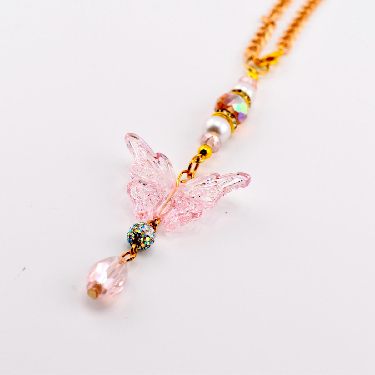 Pink Butterfly Suncatcher with Clear AB Beads & Gold Accents | Rainbow Prism Rearview Mirror Charm