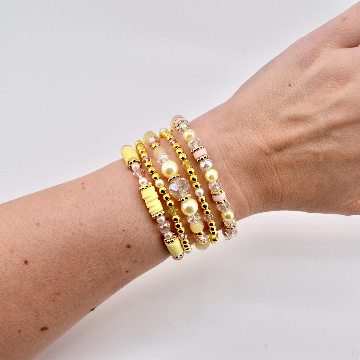 Lemon Haze & Polaroid Rose Bracelet Collection: Yellow Pink And Gold Beaded Bracelets