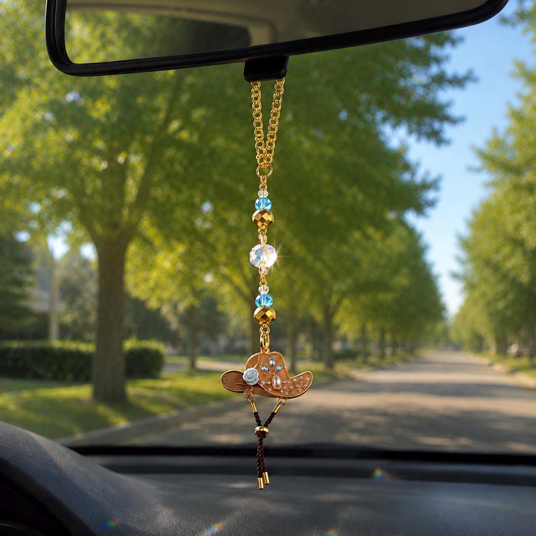 Western Cowgirl Crystal Suncatcher, Rearview Mirror Charm, Cowboy Hat Car Charm, Boho Hanging Crystal Decor, Window Prism Ornament