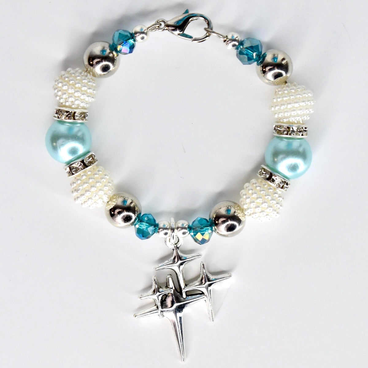 Turquoise Tumbler Handle Charm Bracelet with Silver Sparkling Accent Beads