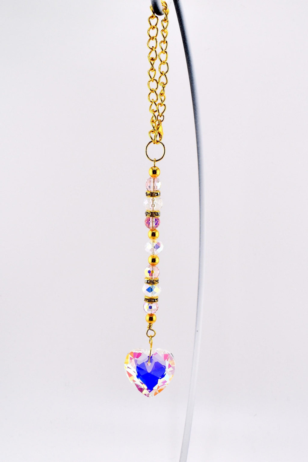 Crystal Heart Suncatcher: Pink, Clear AB Beads, Gold Accents, Rainbow Prism Maker Rearview Mirror Charm
