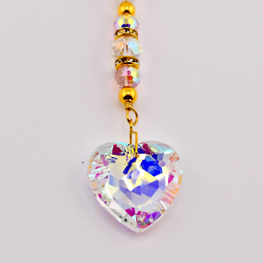 Crystal Heart Suncatcher: Pink, Clear AB Beads, Gold Accents, Rainbow Prism Maker Rearview Mirror Charm