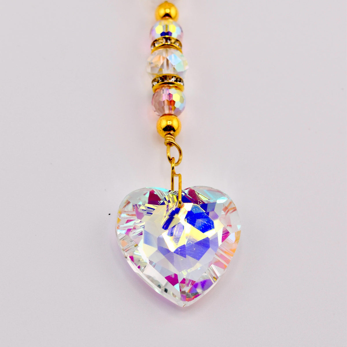 Crystal Heart Suncatcher: Pink, Clear AB Beads, Gold Accents, Rainbow Prism Maker Rearview Mirror Charm