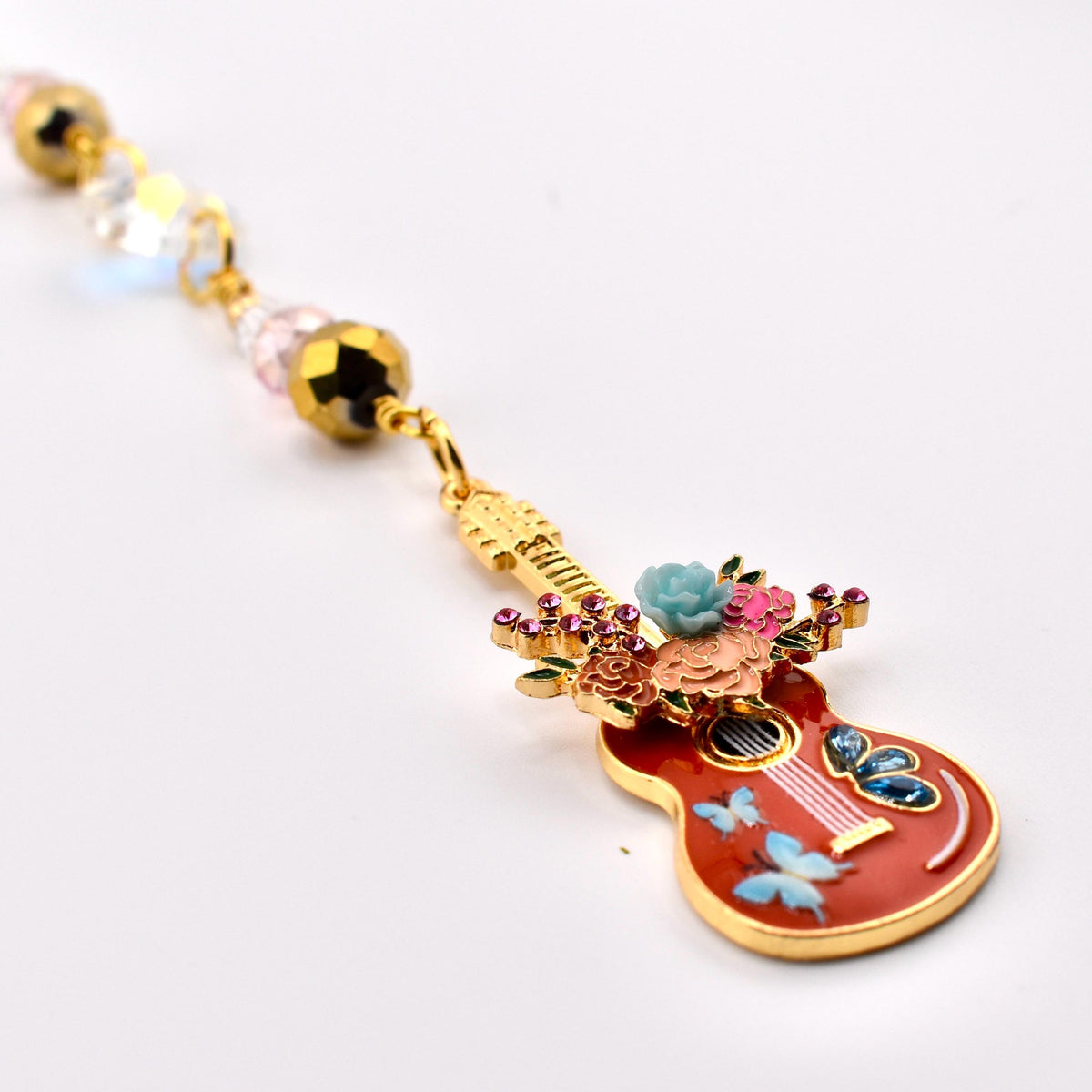 Floral Guitar Charm Suncatcher - Handcrafted Window & Rearview Mirror Decor with Suction Cup