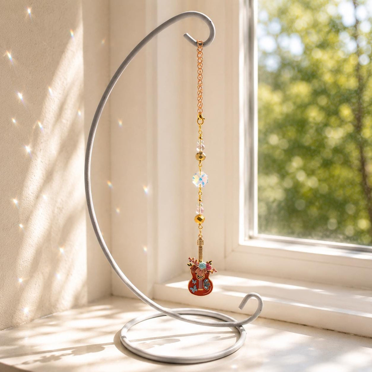 Floral Guitar Charm Suncatcher - Handcrafted Window & Rearview Mirror Decor with Suction Cup