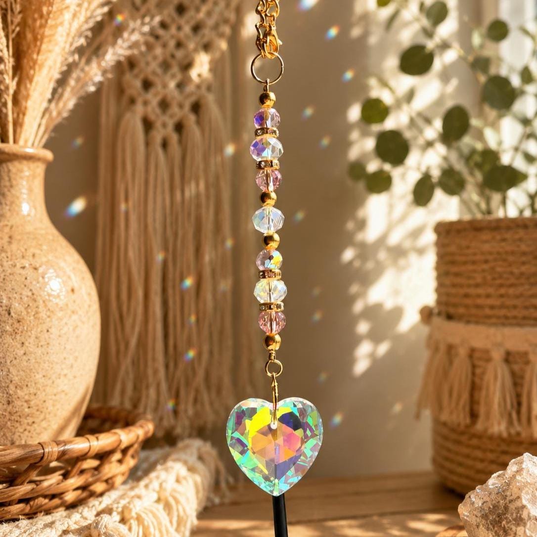Crystal Heart Suncatcher: Pink, Clear AB Beads, Gold Accents, Rainbow Prism Maker Rearview Mirror Charm