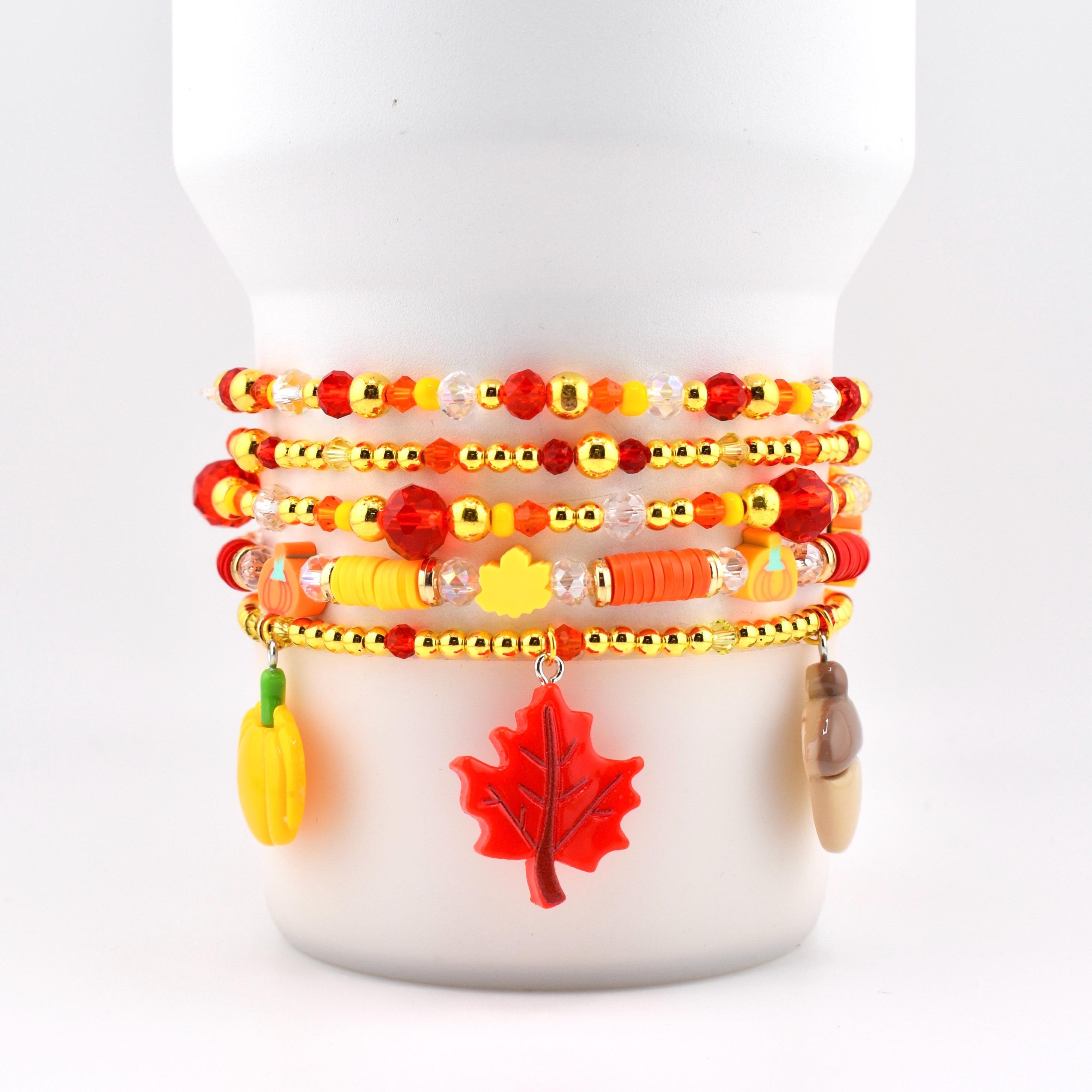 Fall Beaded Bracelet Stack: Pumpkin Leaf and Acorn Charm Bracelets for Wrist or Tumbler | Autumn Bracelet Set of 5