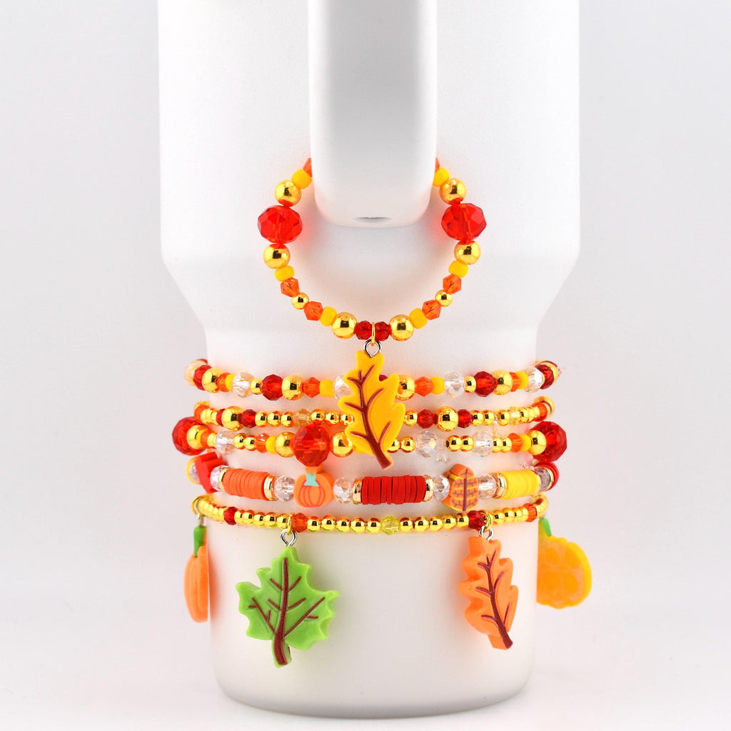 Fall Beaded Bracelet Stack: Pumpkin Leaf and Acorn Charm Bracelets for Wrist or Tumbler | Autumn Bracelet Set of 5