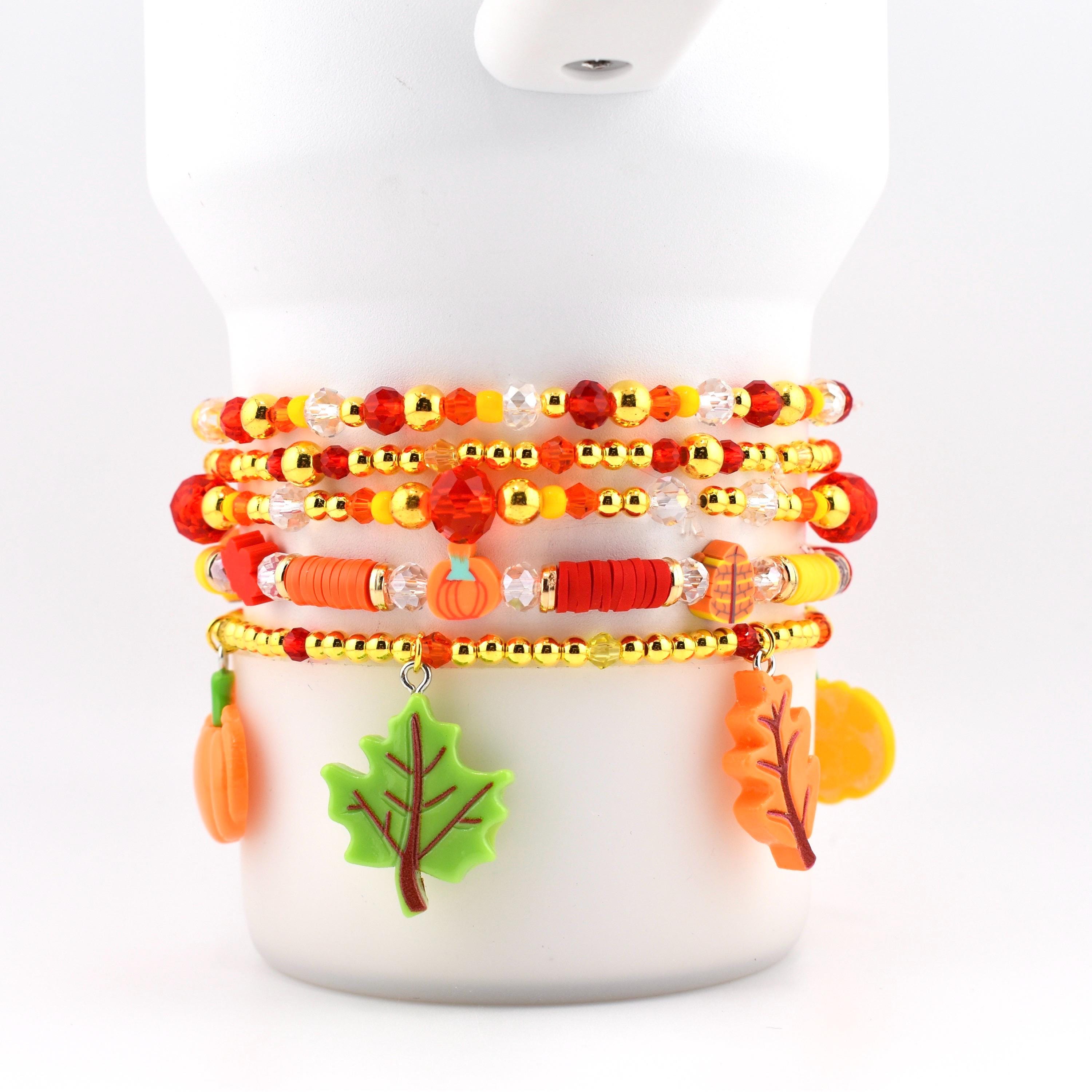 Fall Beaded Bracelet Stack: Pumpkin Leaf and Acorn Charm Bracelets for Wrist or Tumbler | Autumn Bracelet Set of 5