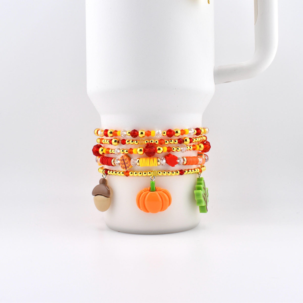Fall Beaded Bracelet Stack: Pumpkin Leaf and Acorn Charm Bracelets for Wrist or Tumbler | Autumn Bracelet Set of 5
