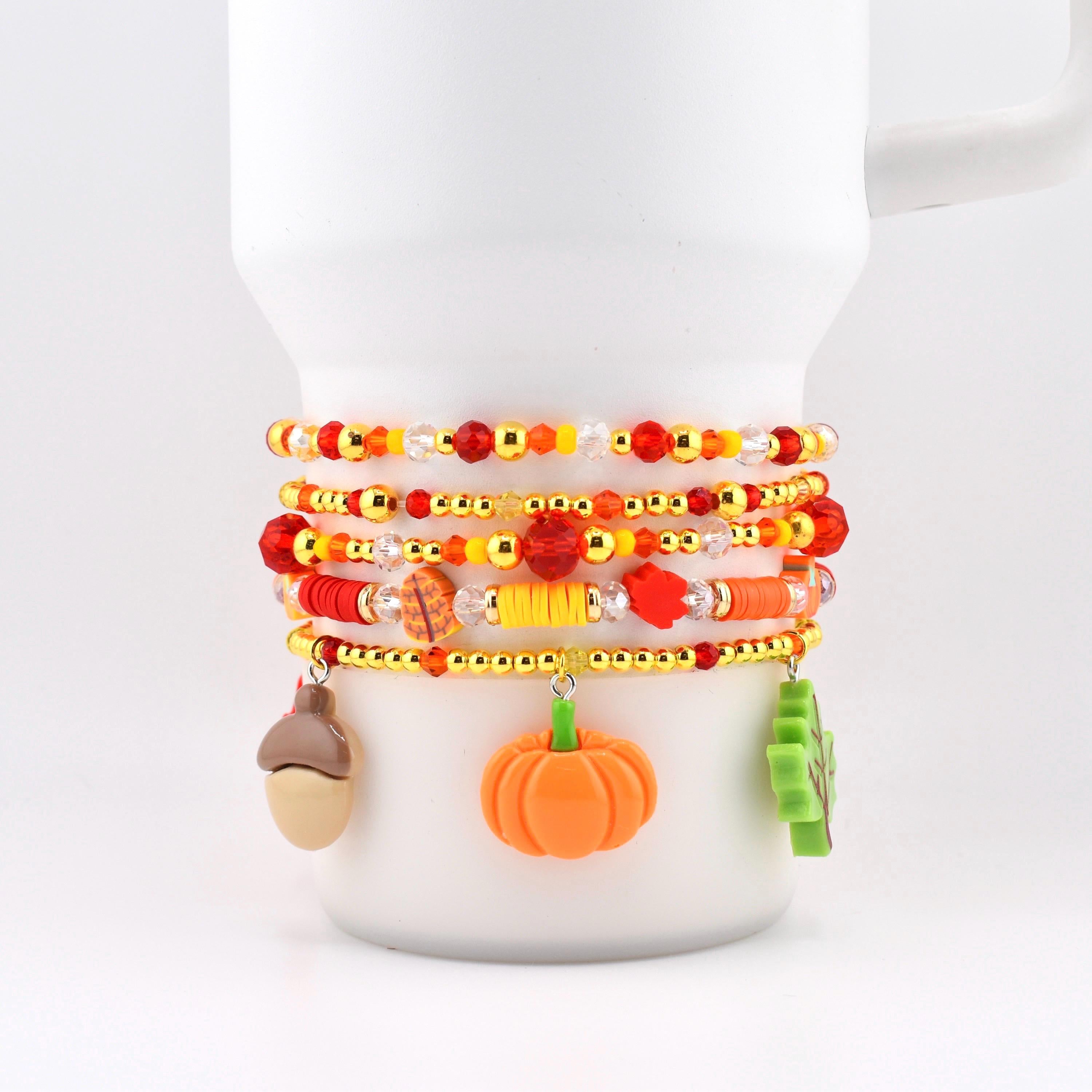 Fall Beaded Bracelet Stack: Pumpkin Leaf and Acorn Charm Bracelets for Wrist or Tumbler | Autumn Bracelet Set of 5