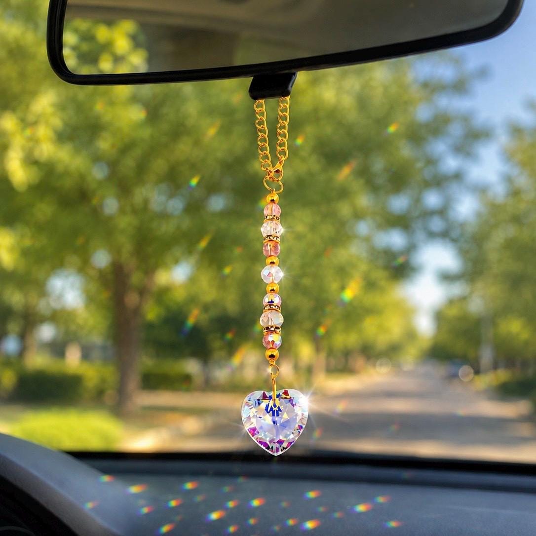Crystal Heart Suncatcher: Pink, Clear AB Beads, Gold Accents, Rainbow Prism Maker Rearview Mirror Charm