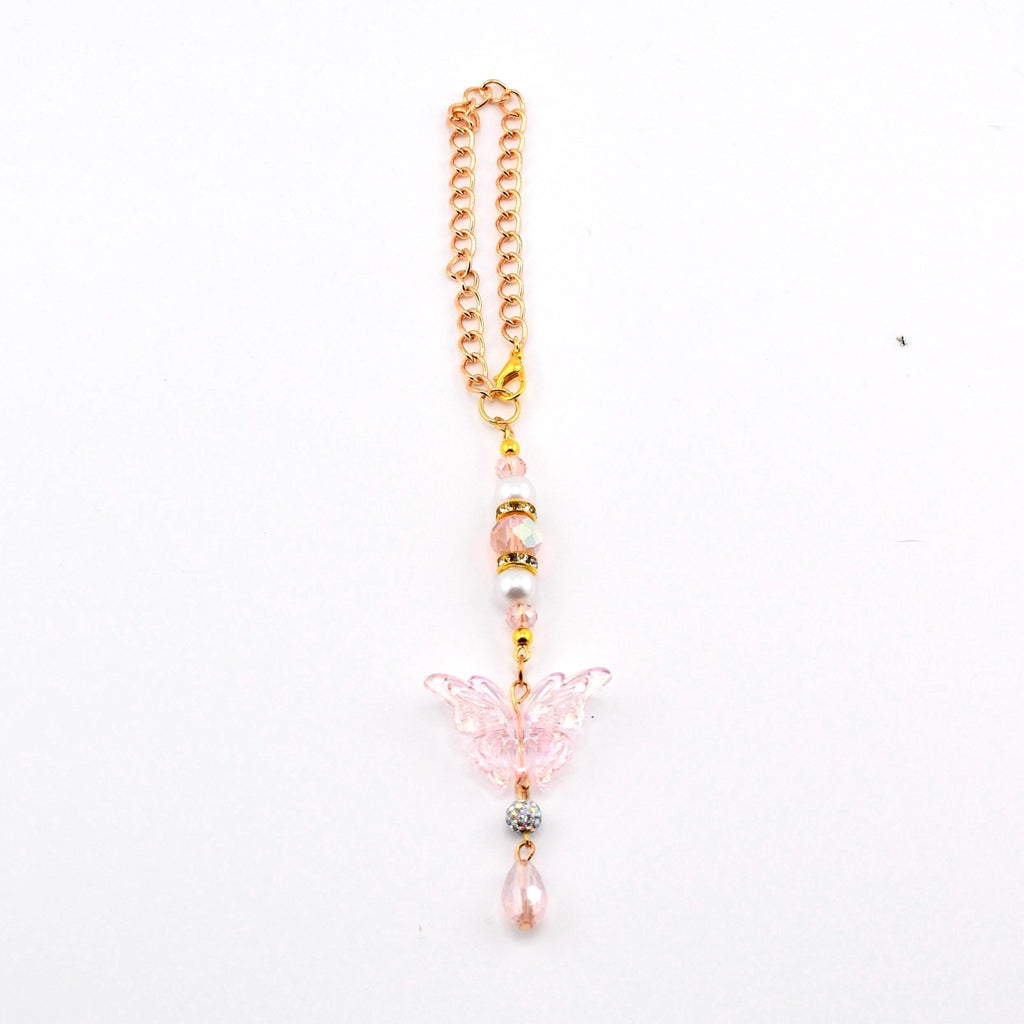 Pink Butterfly Suncatcher with Clear AB Beads & Gold Accents | Rainbow Prism Rearview Mirror Charm