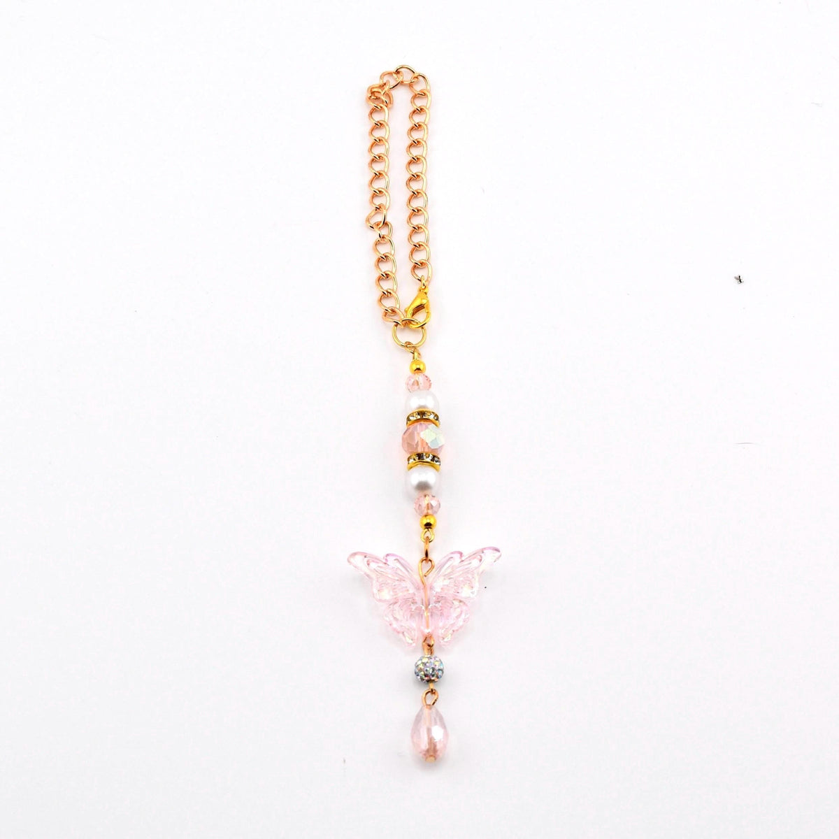 Pink Butterfly Suncatcher with Clear AB Beads & Gold Accents | Rainbow Prism Rearview Mirror Charm