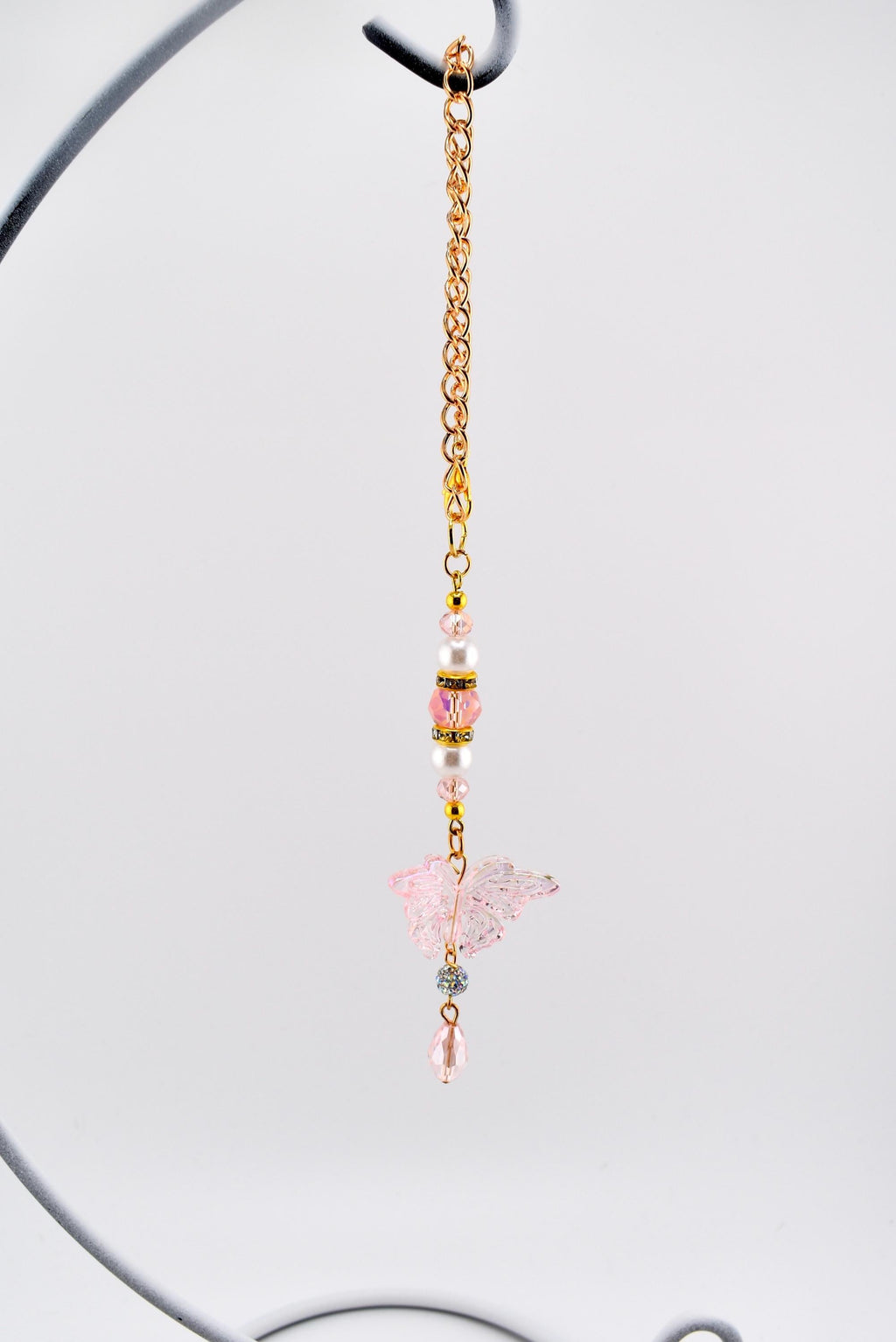Pink Butterfly Suncatcher with Clear AB Beads & Gold Accents | Rainbow Prism Rearview Mirror Charm