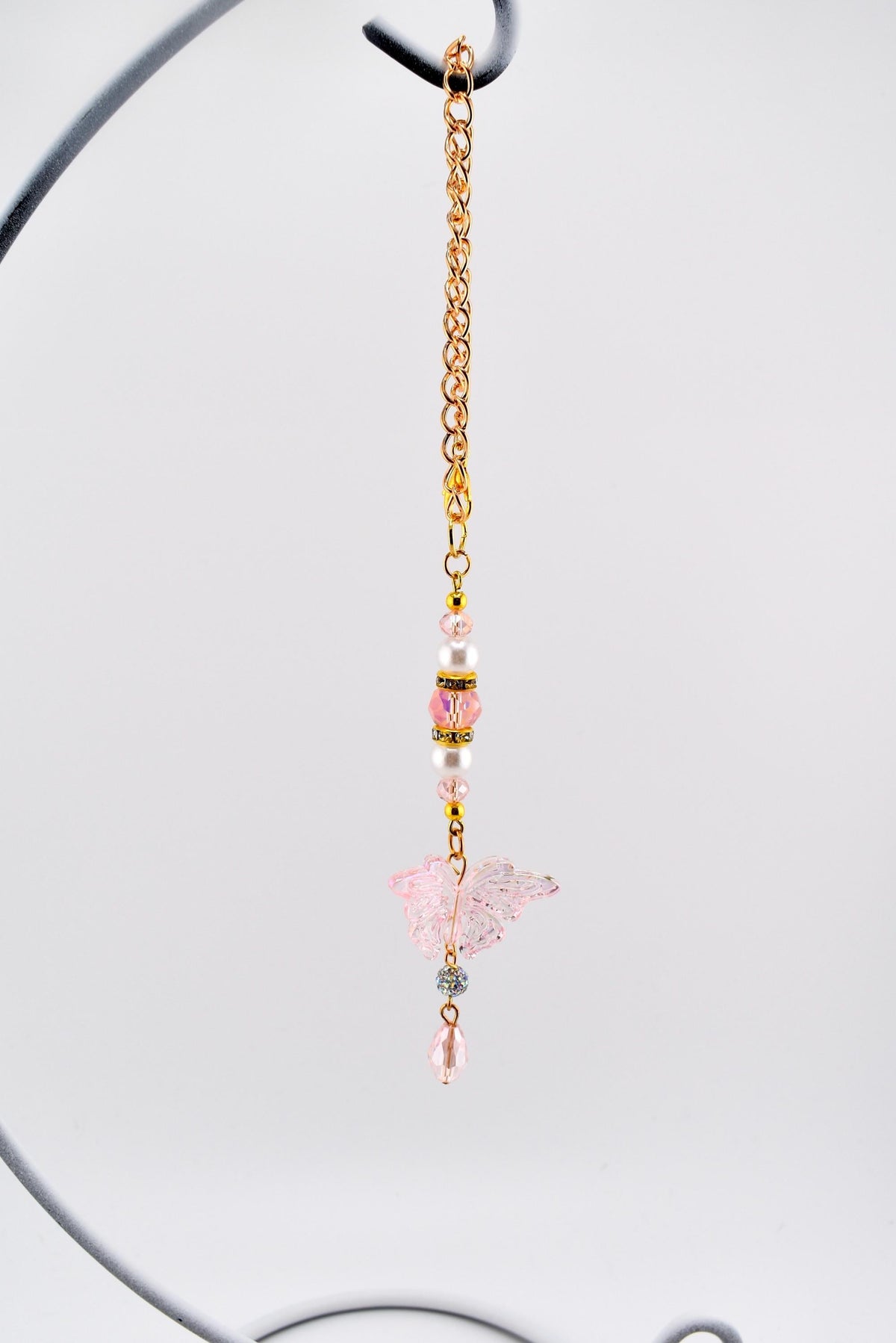 Pink Butterfly Suncatcher with Clear AB Beads & Gold Accents | Rainbow Prism Rearview Mirror Charm