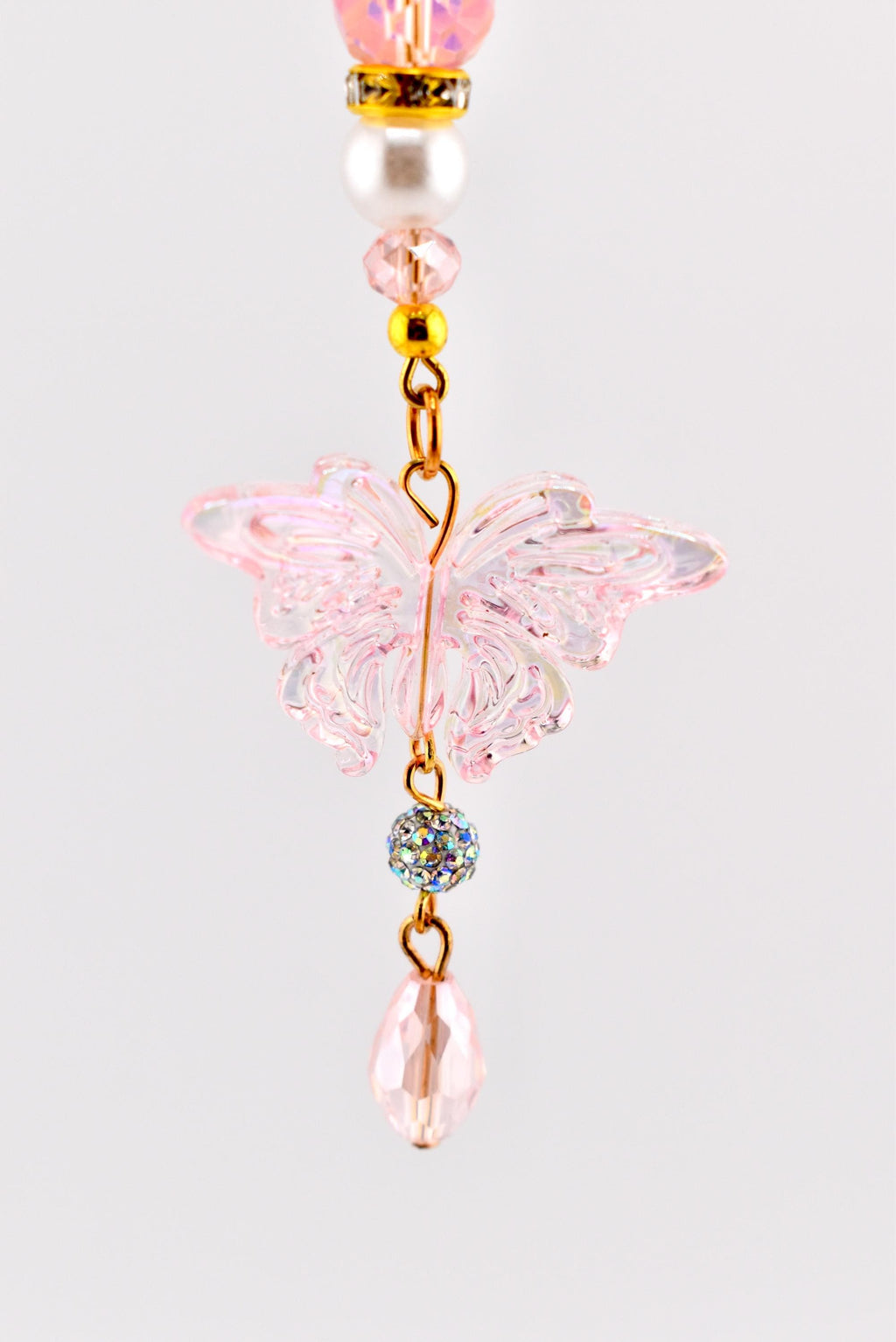 Pink Butterfly Suncatcher with Clear AB Beads & Gold Accents | Rainbow Prism Rearview Mirror Charm