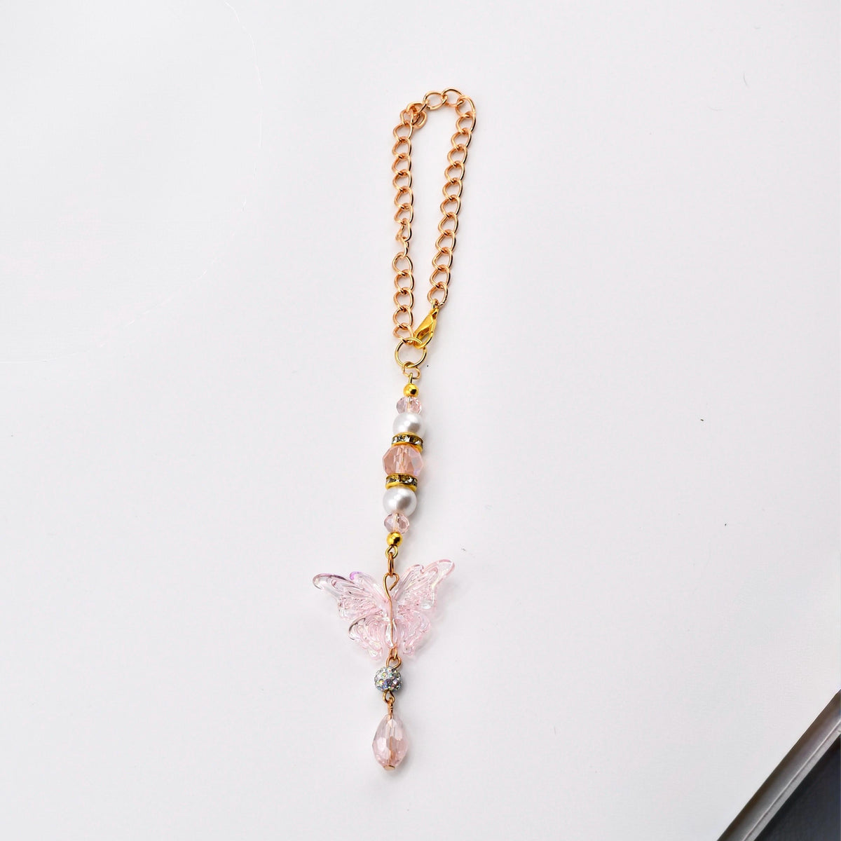 Pink Butterfly Suncatcher with Clear AB Beads & Gold Accents | Rainbow Prism Rearview Mirror Charm