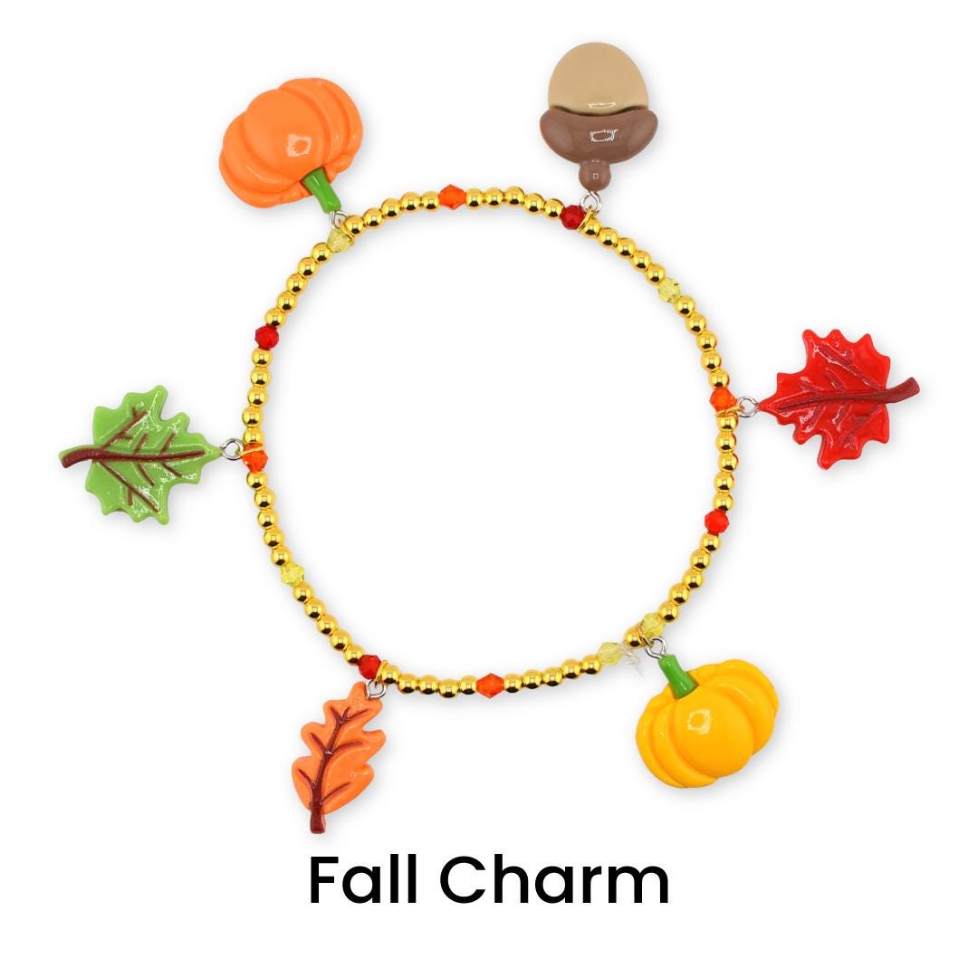 Fall Beaded Bracelet Stack: Pumpkin Leaf and Acorn Charm Bracelets for Wrist or Tumbler | Autumn Bracelet Set of 5