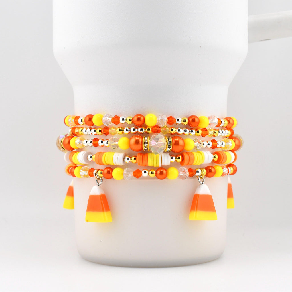 Candy Corn Charm Bracelet Stack: Beaded Halloween Jewelry Set