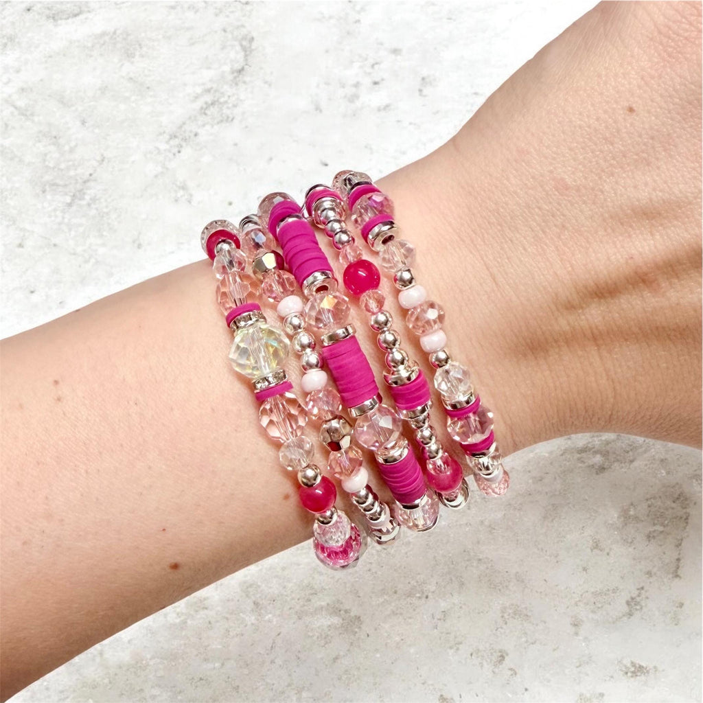 Pink Crystal Romance Bracelet Collection: Fuchsia Silver and Crystal Beaded Bracelets