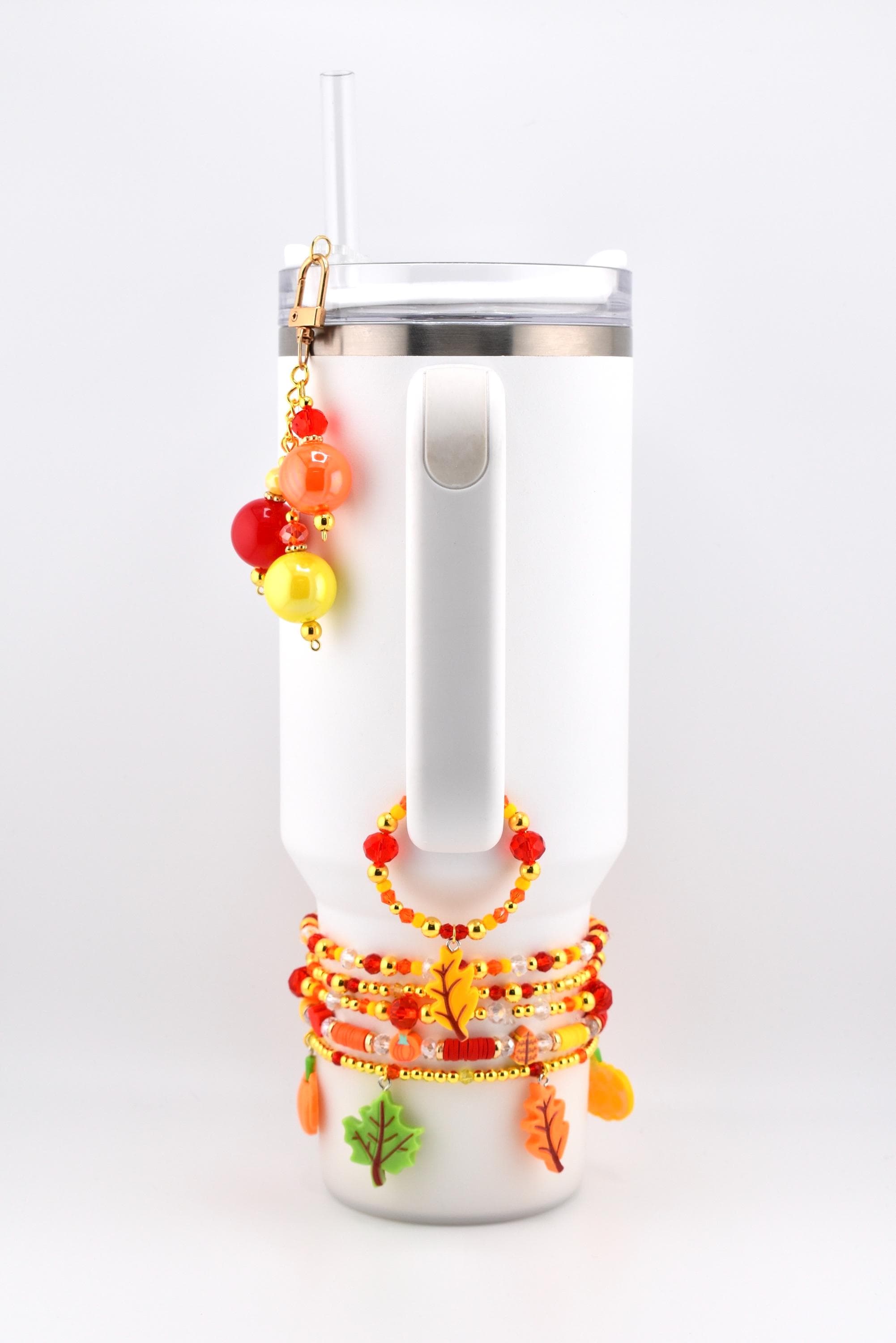 Fall Colored Tumbler Charm with 20mm Bubblegum Beads - Flip or 10mm Straw Adapter