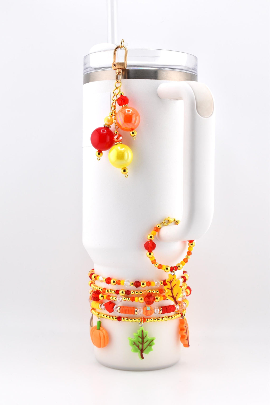 Fall Colored Tumbler Charm with 20mm Bubblegum Beads - Flip or 10mm Straw Adapter
