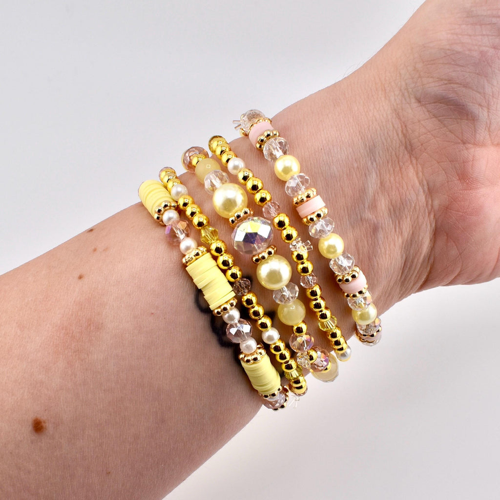 Lemon Haze & Polaroid Rose Bracelet Collection: Yellow Pink And Gold Beaded Bracelets