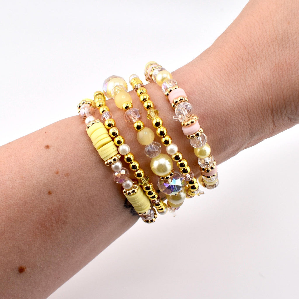 Lemon Haze & Polaroid Rose Bracelet Collection: Yellow Pink And Gold Beaded Bracelets