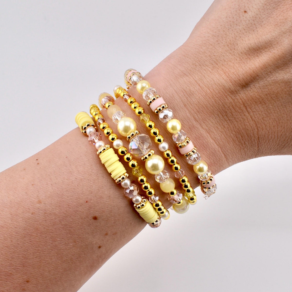 Lemon Haze & Polaroid Rose Bracelet Collection: Yellow Pink And Gold Beaded Bracelets
