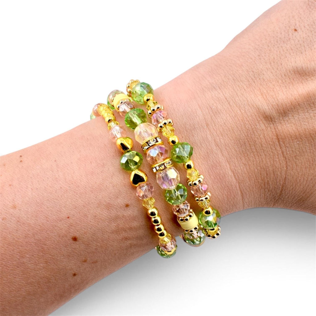 Lemon Breeze Bracelet Collection: Pink Yellow Green and Gold Beaded Bracelets with Crystal Accents