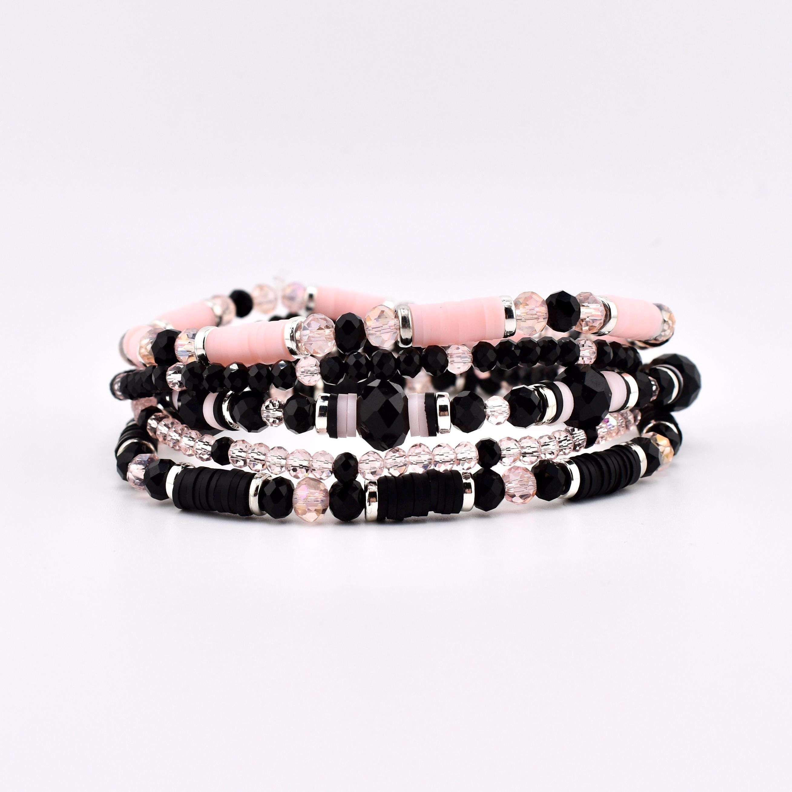 Rosewater and Onyx Bracelet Collection: Pink and Black Beaded Bracelets