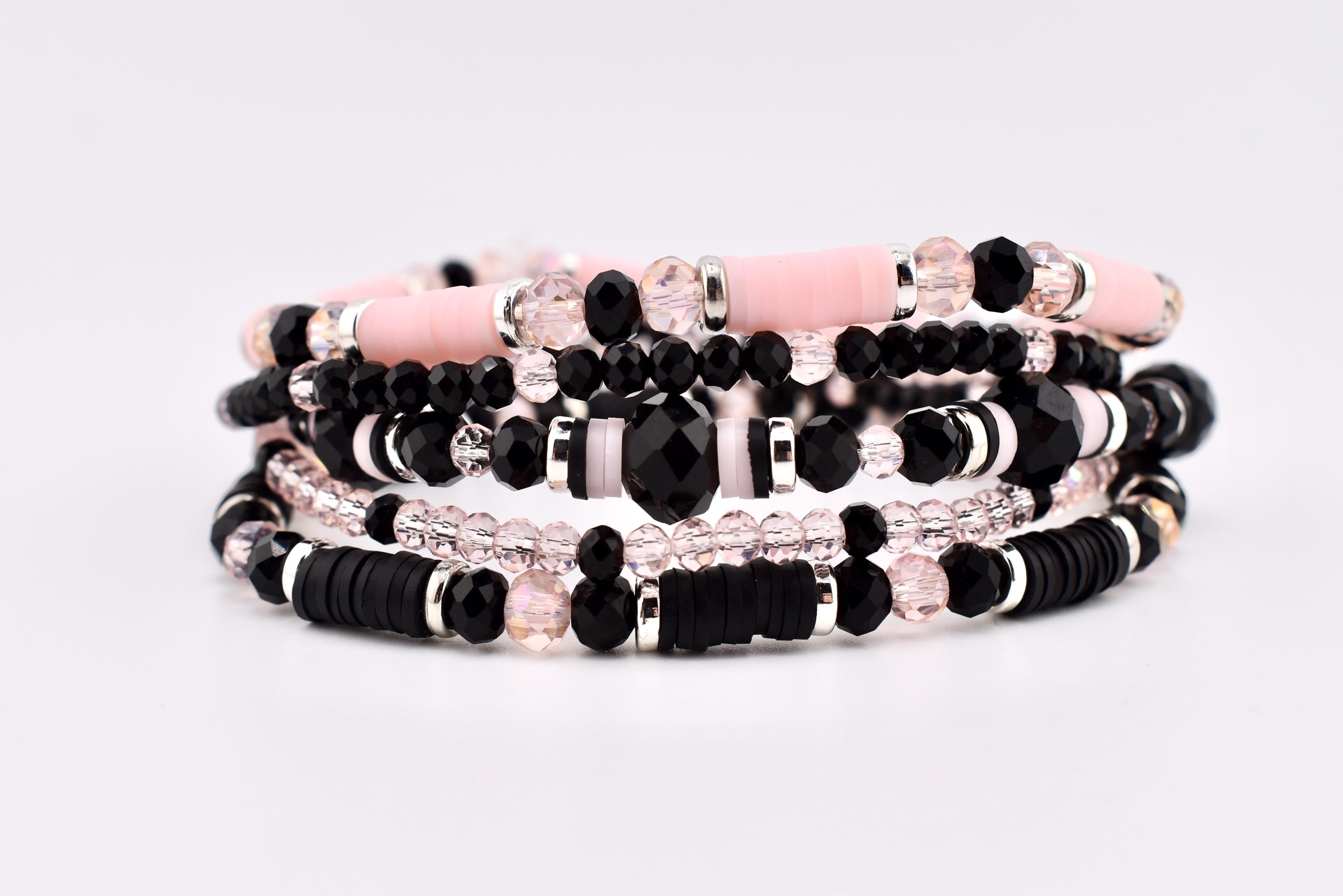 Rosewater and Onyx Bracelet Collection: Pink and Black Beaded Bracelets
