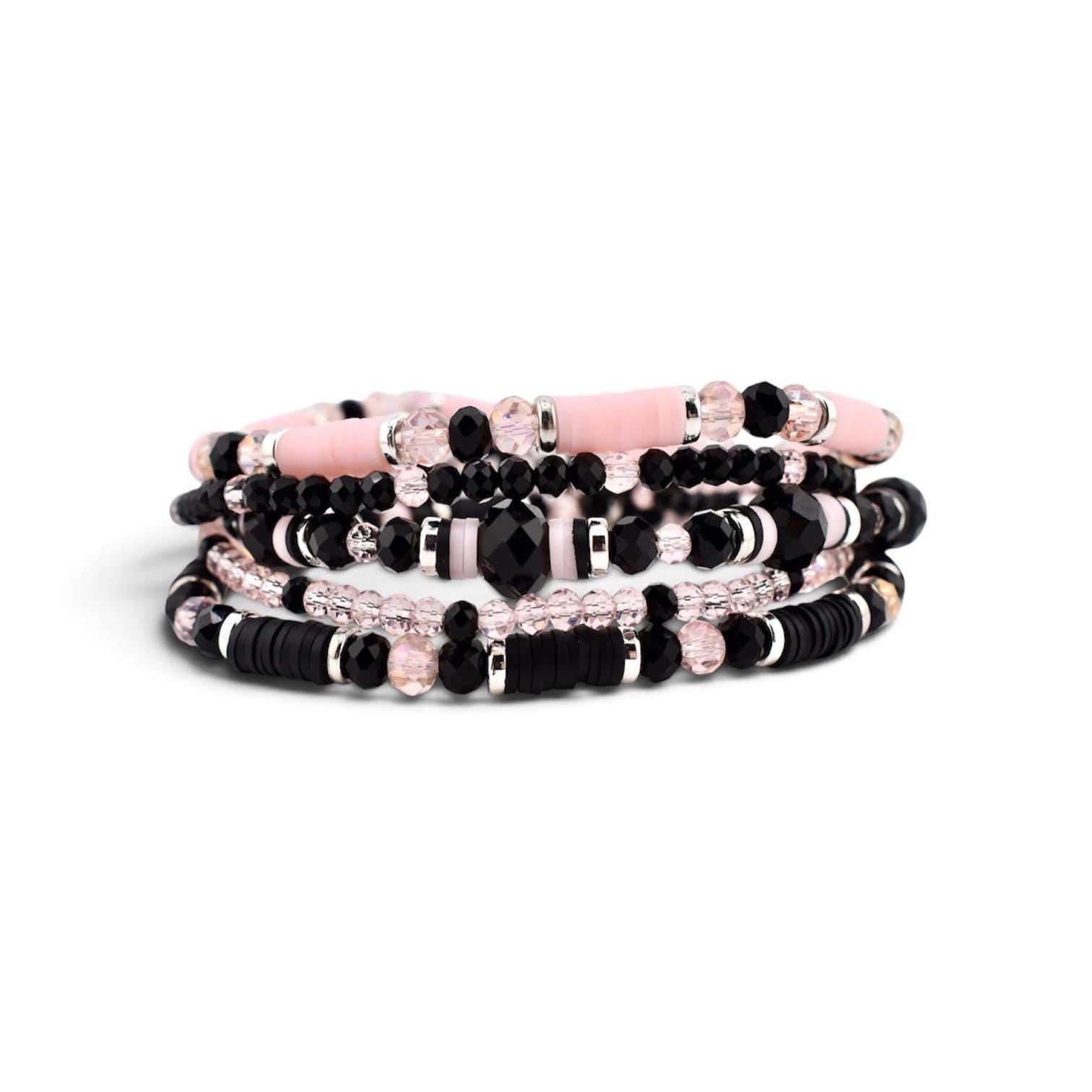 Rosewater and Onyx Bracelet Collection: Pink and Black Beaded Bracelets
