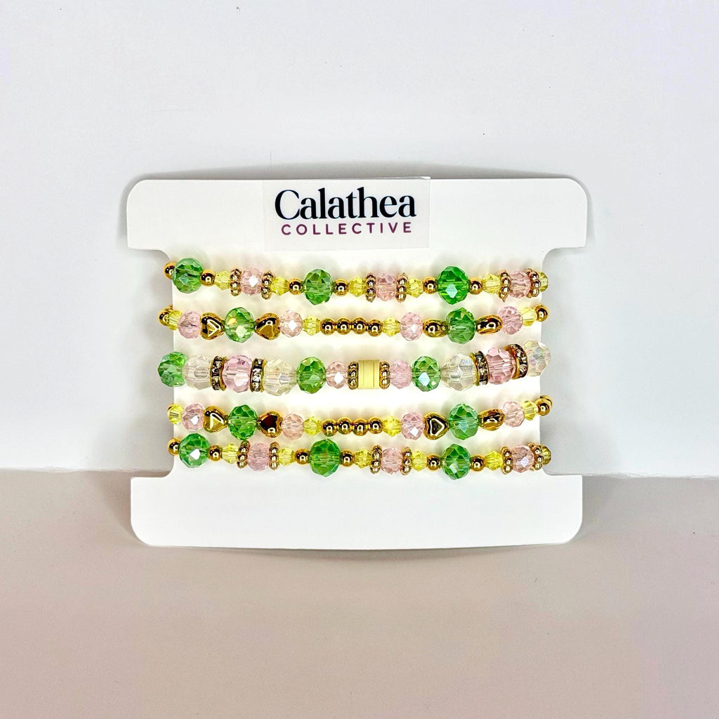 Lemon Breeze Bracelet Collection: Pink Yellow Green and Gold Beaded Bracelets with Crystal Accents
