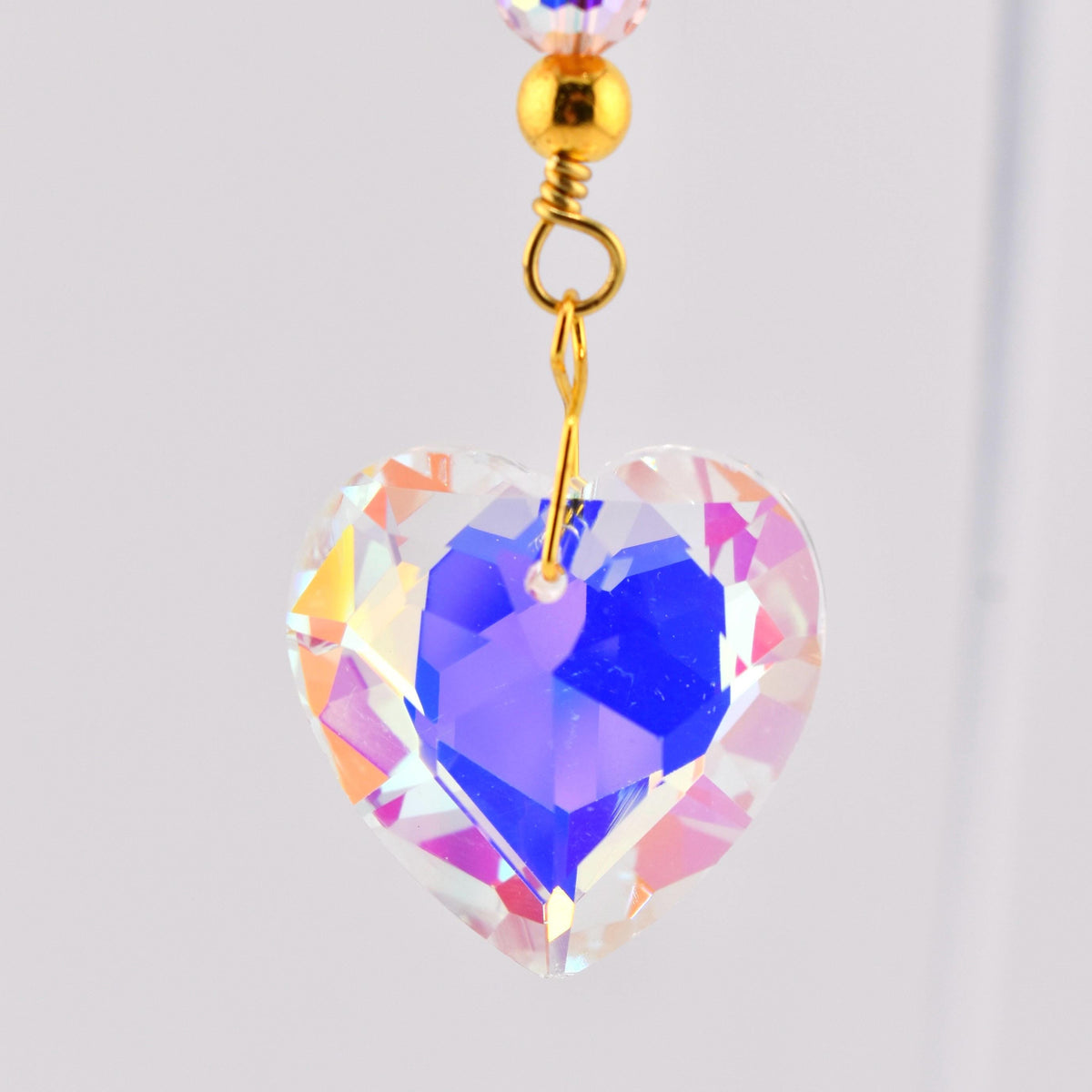 Crystal Heart Suncatcher: Pink, Clear AB Beads, Gold Accents, Rainbow Prism Maker Rearview Mirror Charm