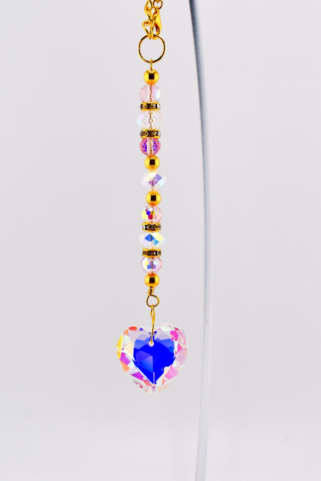 Crystal Heart Suncatcher: Pink, Clear AB Beads, Gold Accents, Rainbow Prism Maker Rearview Mirror Charm