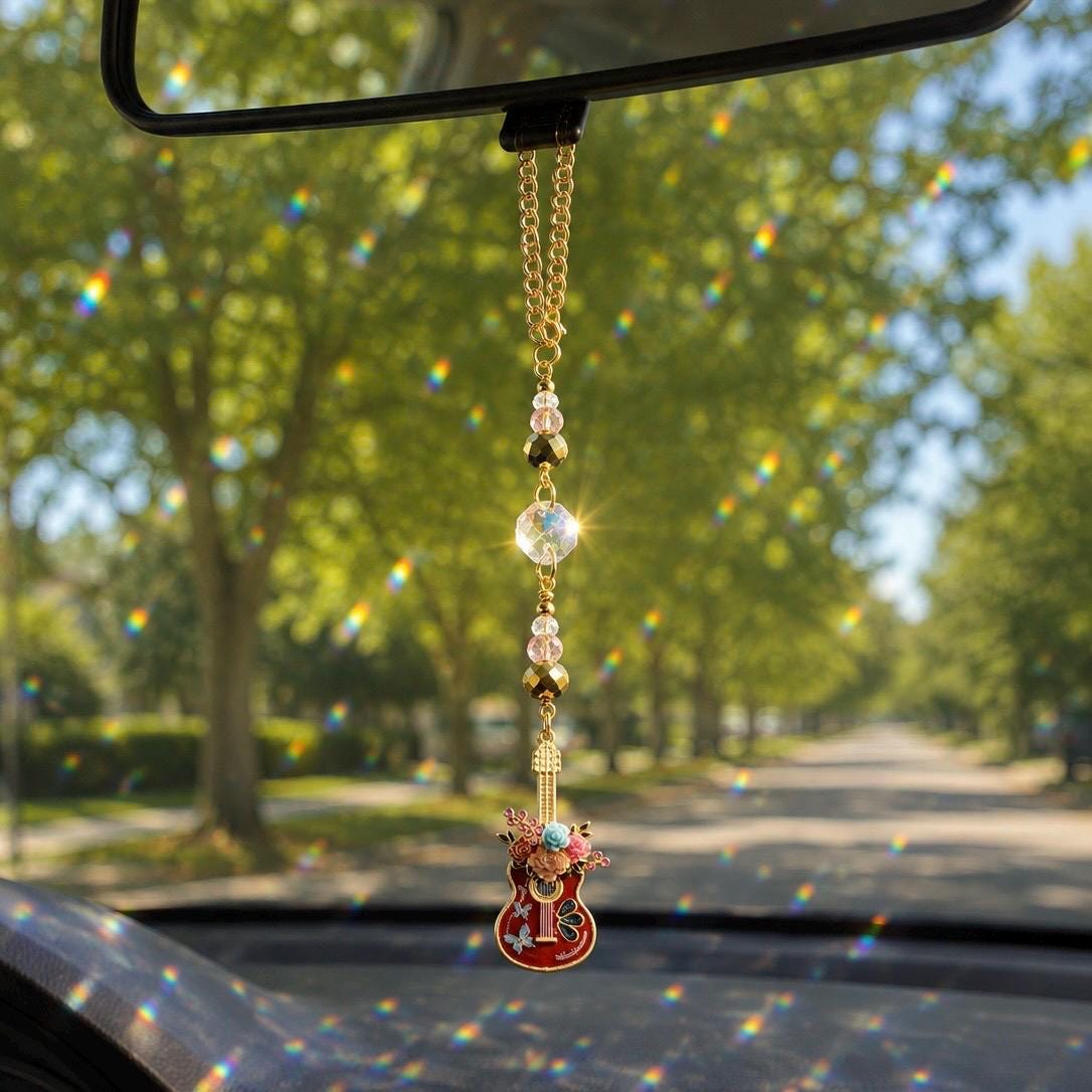 Floral Guitar Charm Suncatcher - Handcrafted Window & Rearview Mirror Decor with Suction Cup