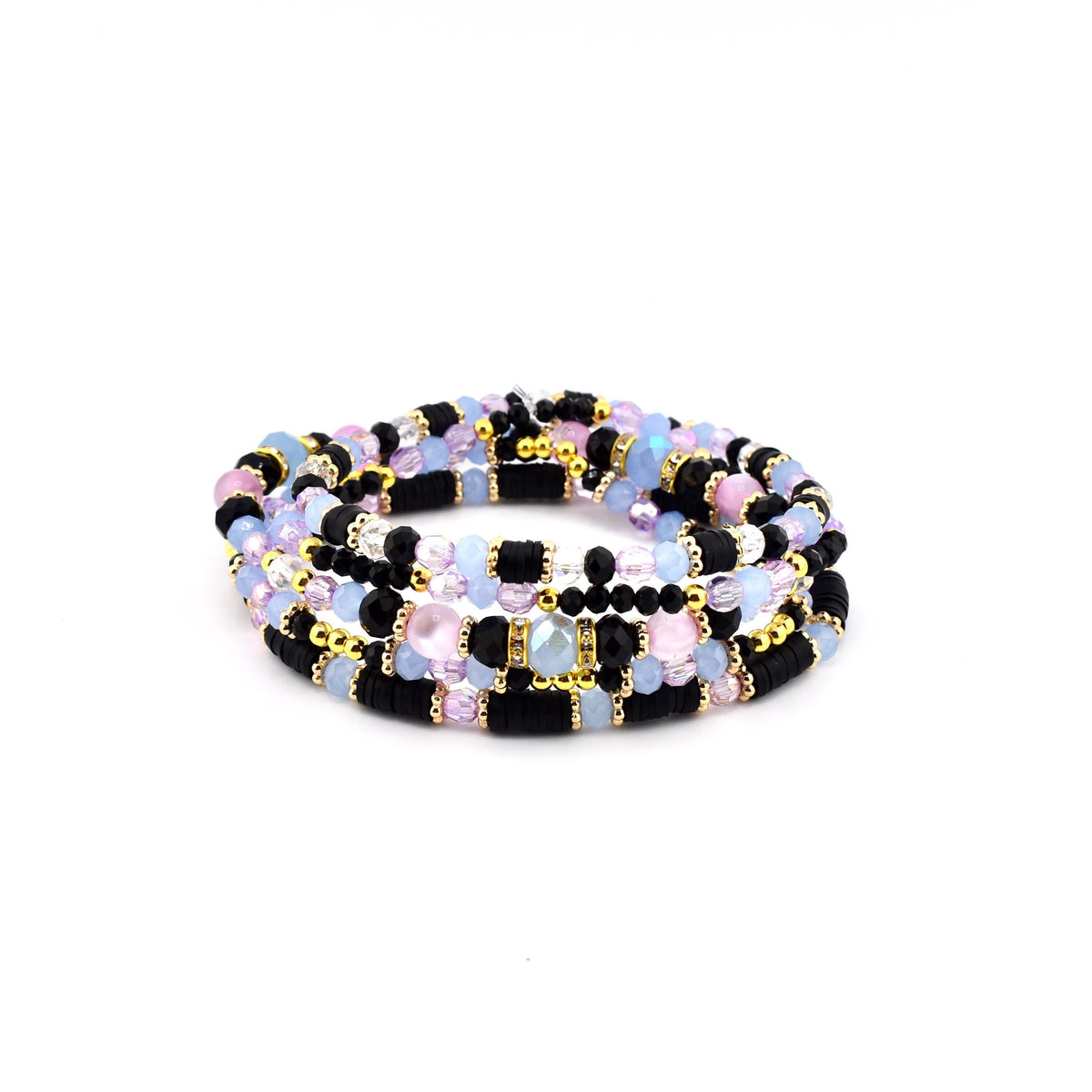 A multi-strand bracelet featuring a combination of black disc beads, light blue and pink faceted crystal beads, and small gold-toned metallic spacer beads. The design incorporates clear crystal accents and gold-toned rings throughout.