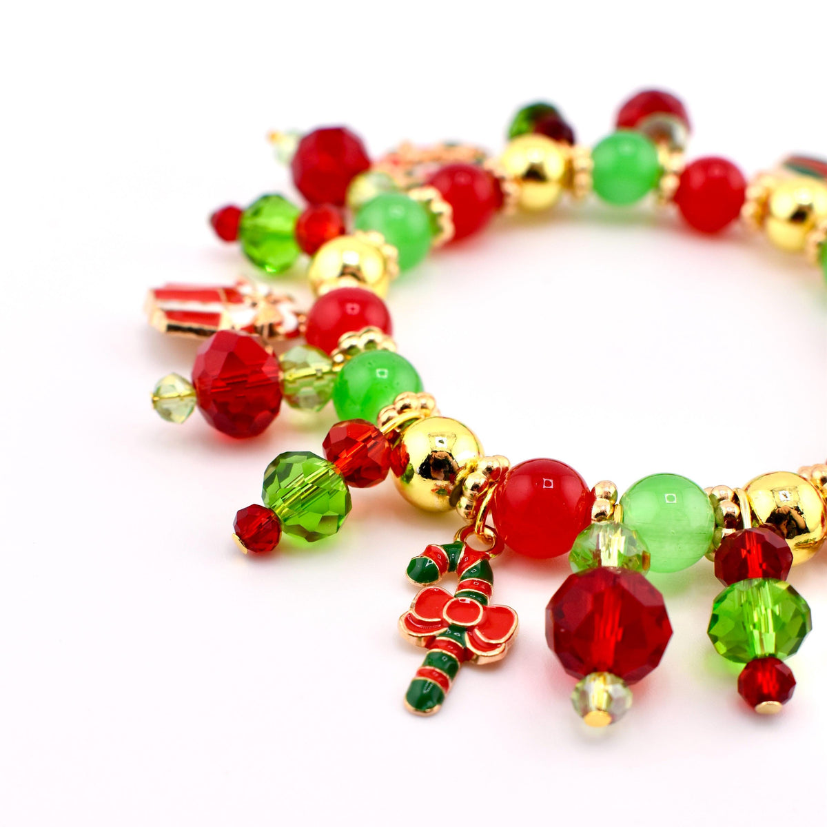 Christmas Charm Bracelet: Red Green and Gold Handmade Beaded Holiday Bracelet