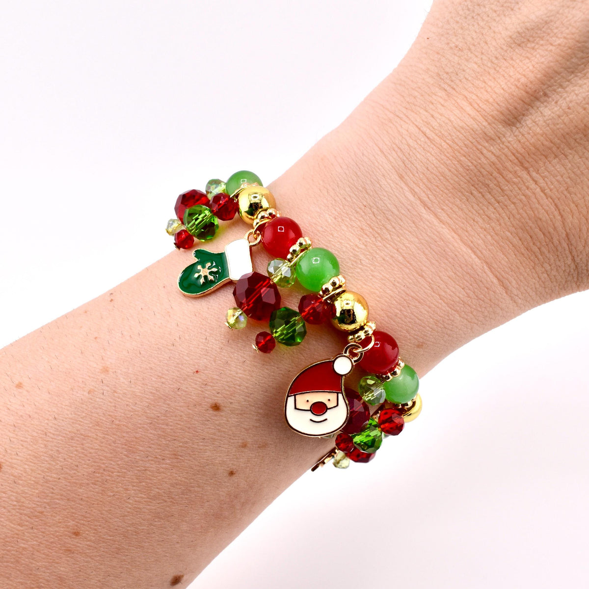 Christmas Charm Bracelet: Red Green and Gold Handmade Beaded Holiday Bracelet