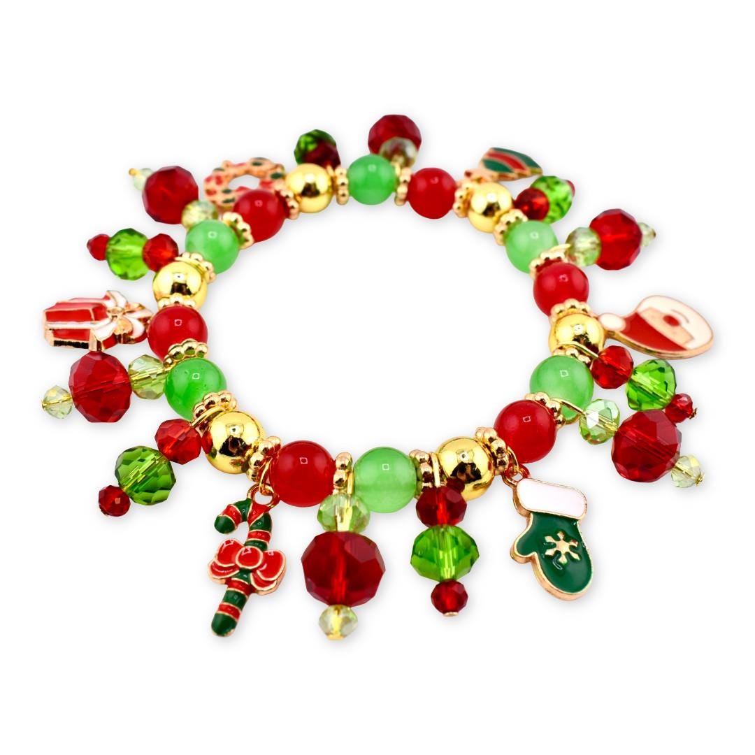 Christmas Charm Bracelet: Red Green and Gold Handmade Beaded Holiday Bracelet