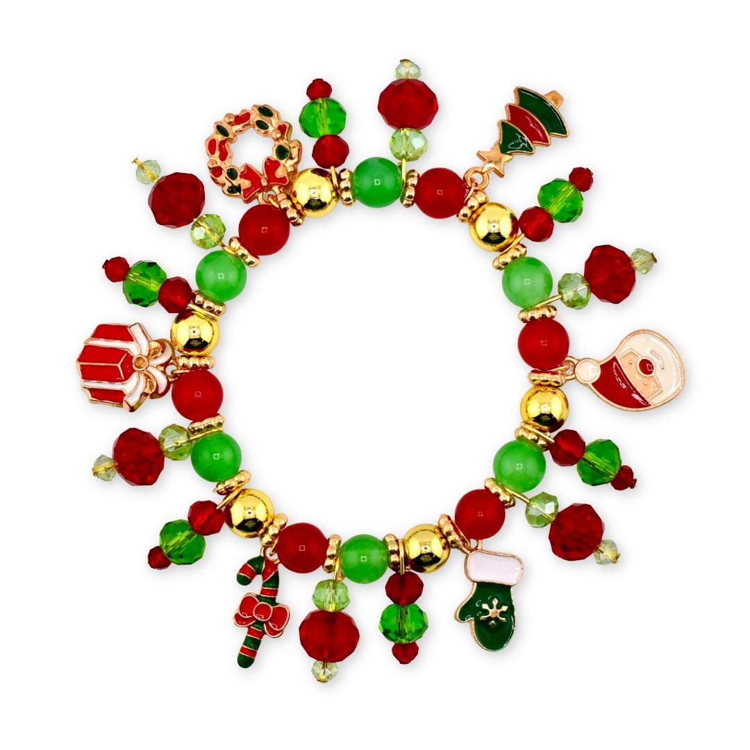 Christmas Charm Bracelet: Red Green and Gold Handmade Beaded Holiday Bracelet