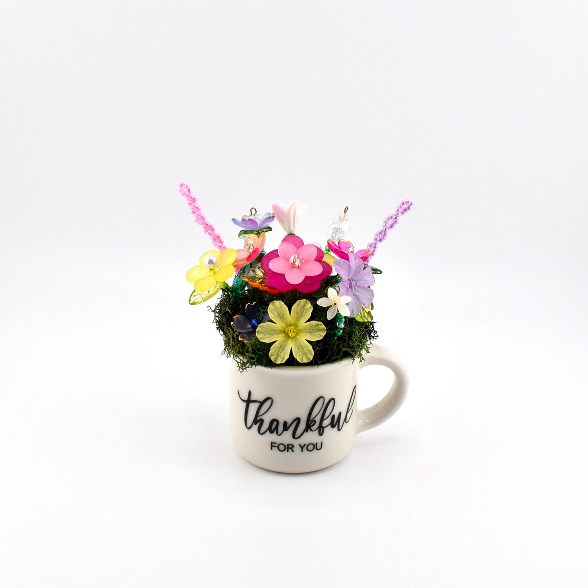 Beaded Flower Bouquet in Mini Mug with Thankful for You Design