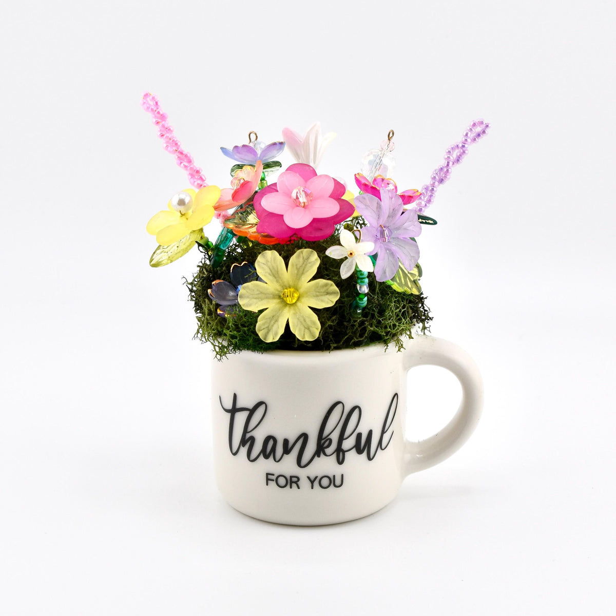 Beaded Flower Bouquet in Mini Mug with Thankful for You Design