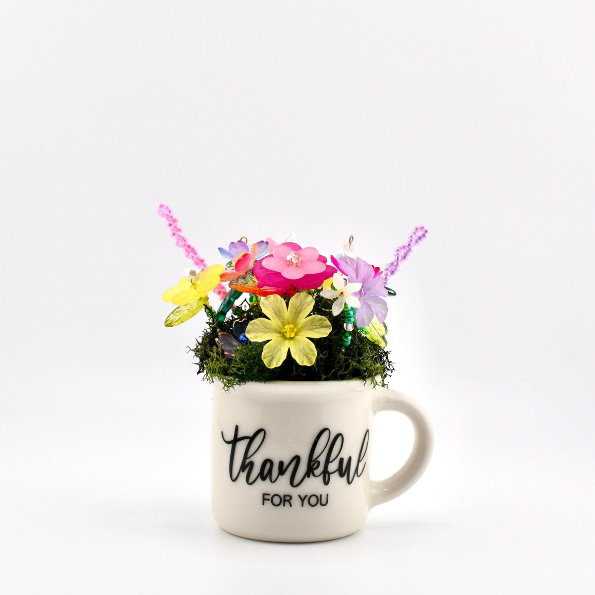 Beaded Flower Bouquet in Mini Mug with Thankful for You Design
