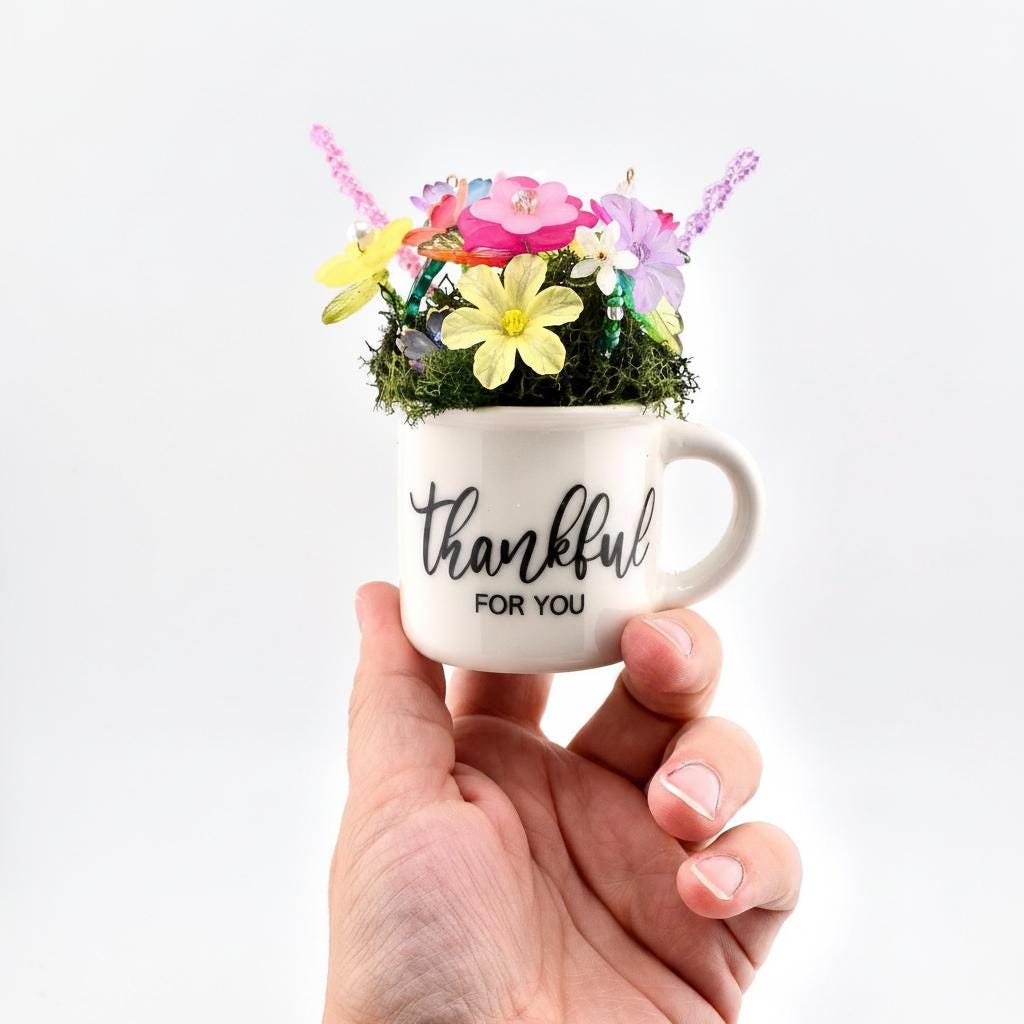 Beaded Flower Bouquet in Mini Mug with Thankful for You Design