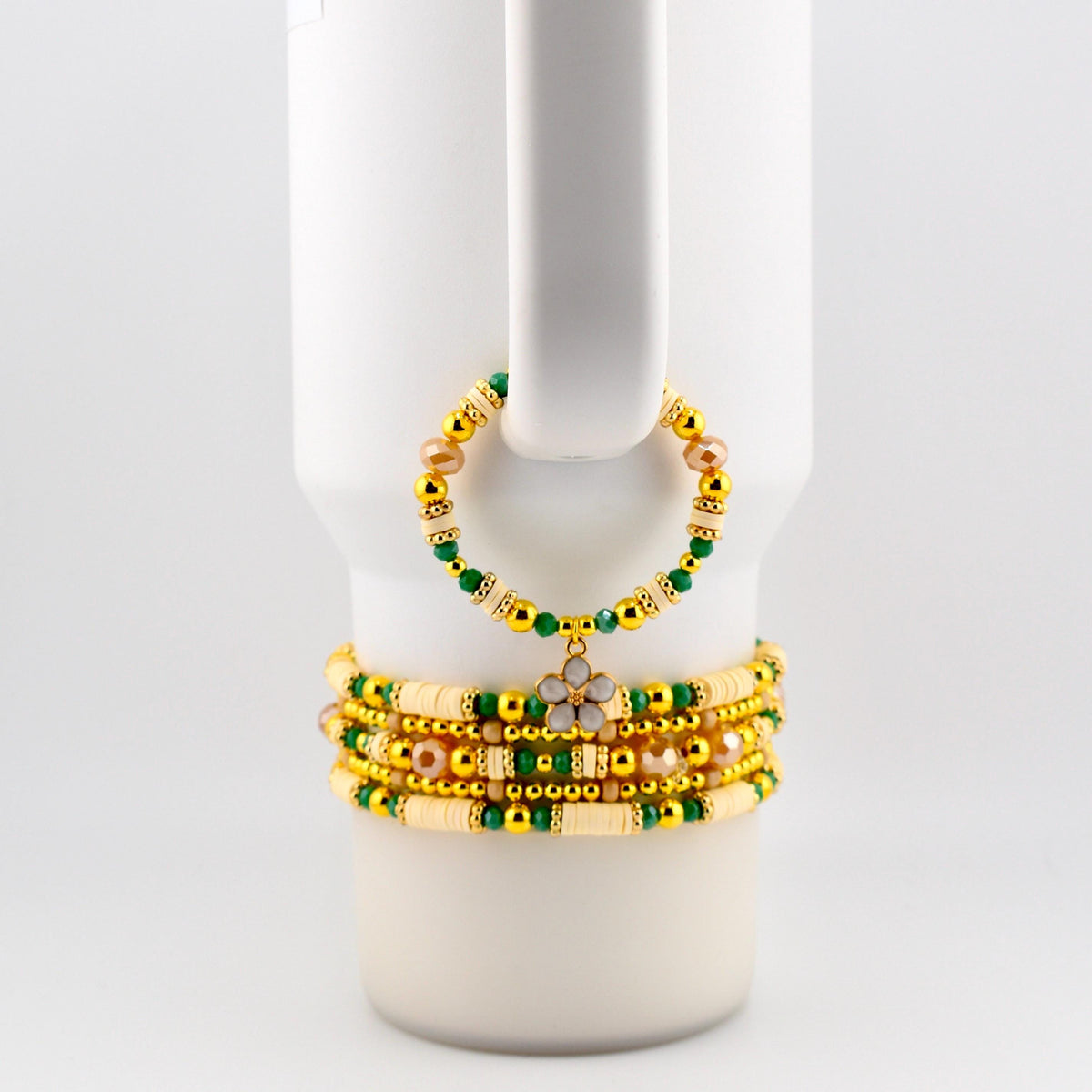 Heirloom Floral Cream Bracelet Collection: Green Gold and Cream Beaded Handmade Bracelets