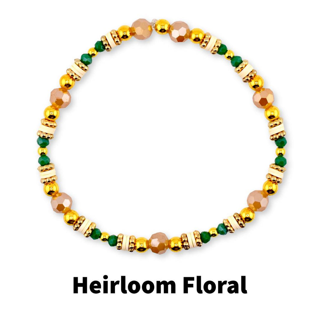 Heirloom Floral Cream Bracelet Collection: Green Gold and Cream Beaded Handmade Bracelets