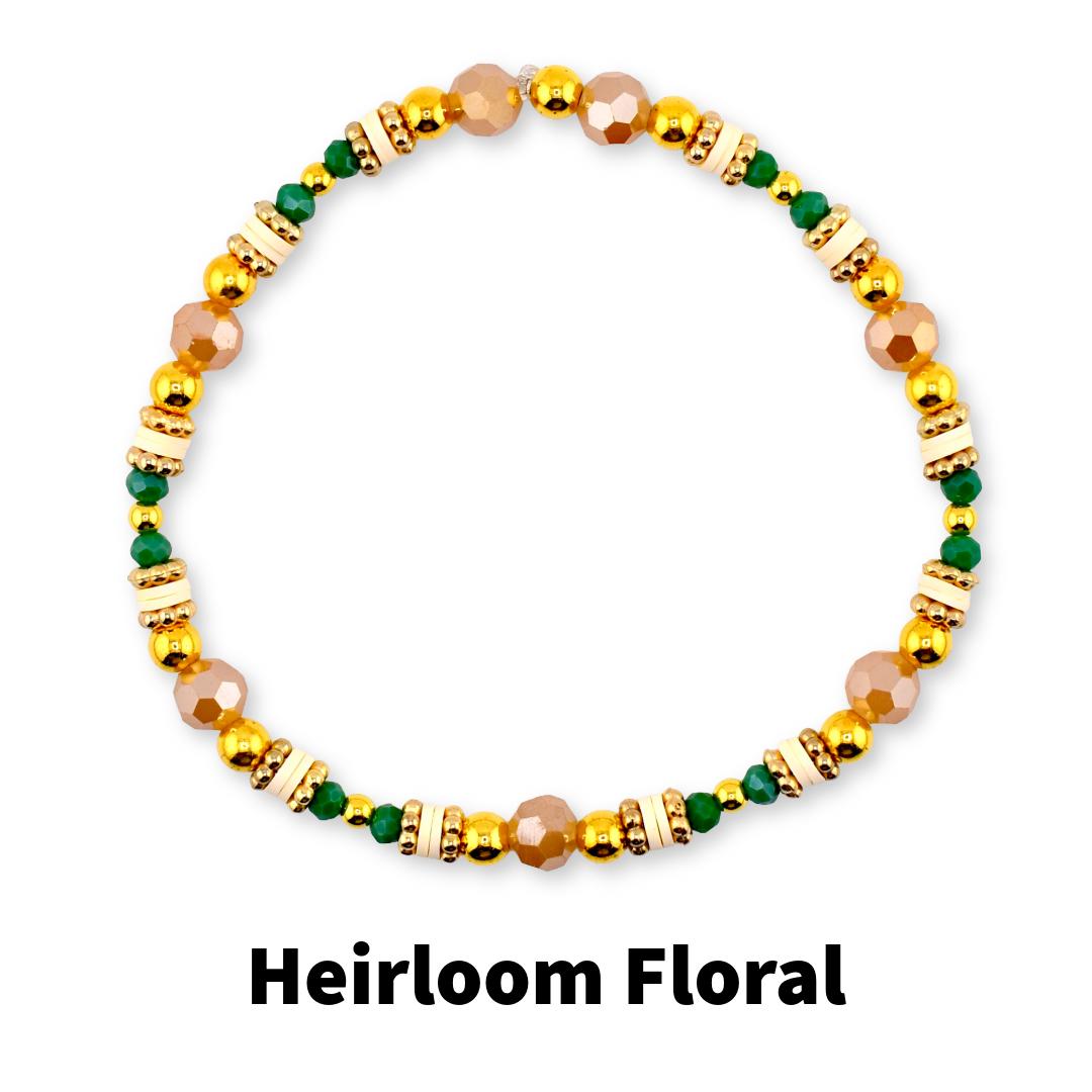 Heirloom Floral Cream Bracelet Collection: Green Gold and Cream Beaded Handmade Bracelets